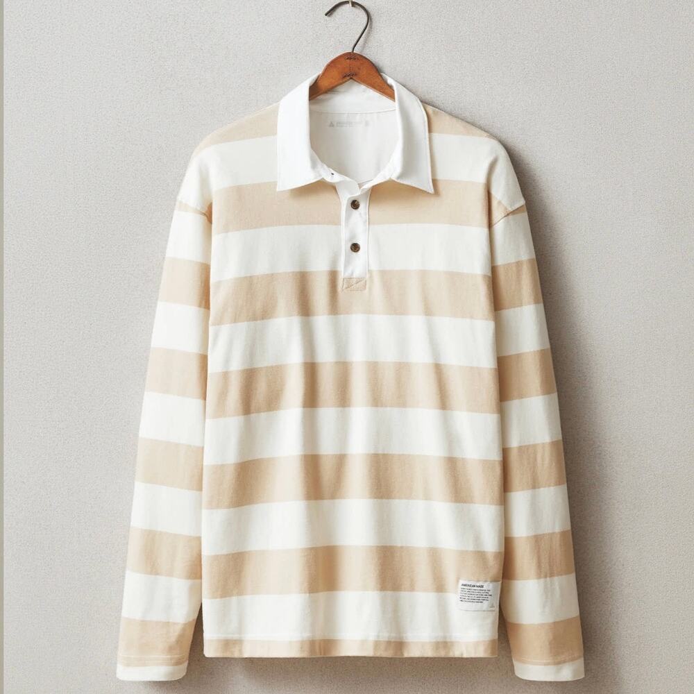 NWOT American Giant Stripe Rugby Long Sleeve Shirt Men's Medium Khaki